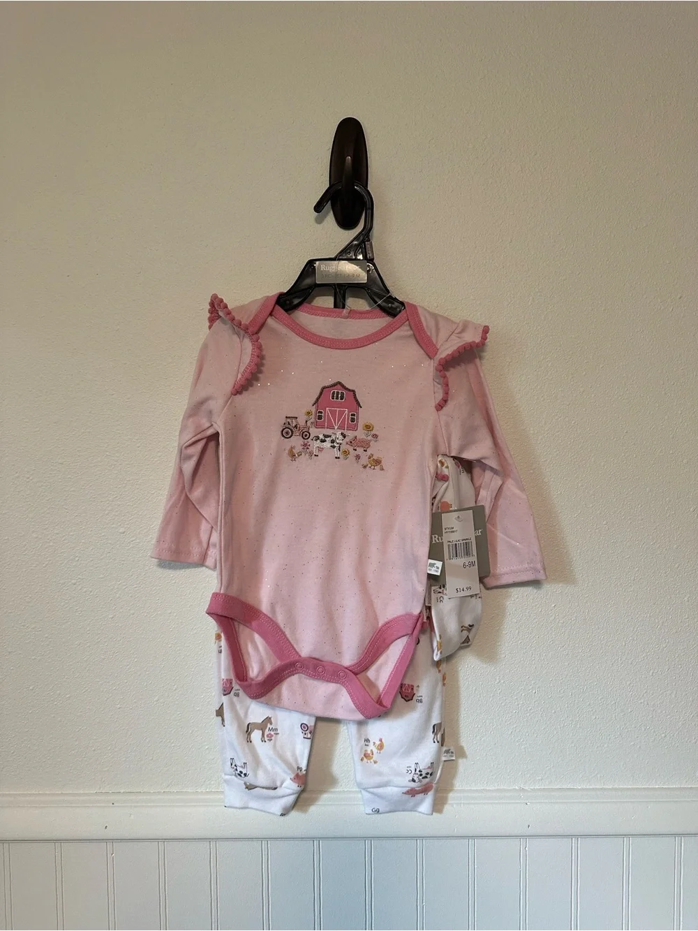 NWT Rugged Bear Baby Girls Pink Farm Barnyard Bodysuit & Pants Set 6-9M